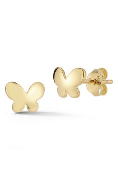 A pair of butterfly stud earrings crafted in gleaming 14-karat yellow gold is a must-have staple for your collection. Post back 14k gold Made in the USA 14k Yellow Gold Earrings With Butterfly Charm, Yellow Gold Sterling Silver Butterfly Earrings, 14k Gold Butterfly Charm Earrings, 14k Gold Butterfly Earrings With Butterfly Charm, 14k Gold Butterfly Earrings With Charm, Gold Butterfly Earrings Fine Jewelry, 14k Gold Butterfly Earrings For Anniversary, Gold Butterfly Fine Jewelry Earrings, Yellow Gold Butterfly-shaped Pierced Earrings