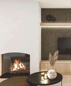 a living room with a fire place and a television on the wall, in front of a fireplace