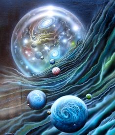 an artist's depiction of planets floating in the ocean, with stars above them