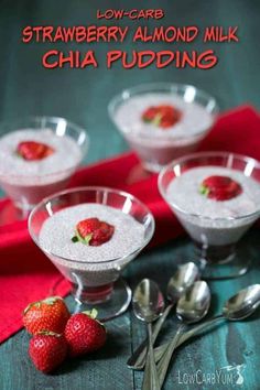 strawberry almond milk chia pudding in small glasses with spoons and red napkin on the side