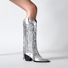 Shop Silver Metallic Tassel Cowboy Boots Block Heel Pearl Embellished Ankle Boots color Silver for Anniversary, Beach, Dancing Club, Going out with worldwide Free shipping & Free return. Tassel Cowboy Boots, Latest Street Fashion, Heel Caps, Shoe Size Chart, Bra Cups, Signature Style, 16 9, Street Fashion, High Boots