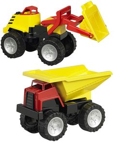 two toy trucks are shown side by side, one is yellow and the other is red