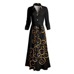 Dress Maxi Long A Line Lily | Black & Gold Brown Tan Yellow Scroll Barque Button-Front Long-Sleeve Belted Maxi Dress - Women & Plus Size 1xl New With Tag Beautifully Tailored Touch To Your Look With This Long-Sleeve Maxi Dress. It Features A Button-Front Collared Neckline And Long Sash-Style Tie At The Waist You Can Style To Suit Your Mood. Note: Due To The Manner In Which Fabric Is Cut, Pattern Layouts May Vary Size 1x: 54.5'' Long From High Point Of Shoulder To Hem Knit 95% Polyester / 5% Span Elegant Yellow Dresses With Buttons, Black Long Sleeve Maxi Dress With Buttons, Yellow Long Sleeve Maxi Dress For Work, Yellow Button Closure Dress For Fall, Gold Long Sleeve Maxi Dress For Fall, Yellow Dress With Button Closure For Fall, Yellow Fall Dress With Button Closure, Yellow Long Sleeve Dress With Button Closure, Yellow Long Sleeve Dress With Buttons