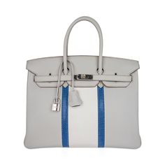 Guaranteed authentic very rare limited edition Hermes Birkin 35 Club bag featured Gris Perle.Exquisite Gris Perle and white Clemence leather is accentuated with rich blue Mykonos Lizard.Palladium Hardware.Comes with sleepers, lock, keys and clochette.NEW or NEVER WORN.final saleBAG MEASURES:LENGTH 35 cm / 14"TALL 25 cm / 10"DEEP 18 cm / 7"HANDLES:TALL 5"CONDITION:NEW or NEVER WORN Luxury Bags With Silver-tone Hardware In Epsom Leather, Epsom Leather Bag With Silver-tone Hardware For Daily Use, White Epsom Leather Travel Bag, Blue Epsom Leather Rectangular Bag, Blue Rectangular Epsom Leather Bag, Rectangular Blue Epsom Leather Bag, High-end White Bag With Palladium Hardware, Modern White Epsom Leather Bag, Luxury Blue Epsom Leather Bag