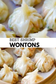 the best shrimp wontons recipe is shown in two different images, one with dumplings and another with broccoli