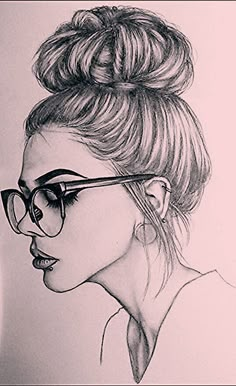 a pencil drawing of a woman with glasses on her head and hair in a bun