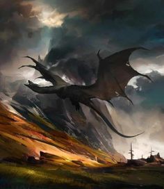 a painting of a dragon flying in the sky