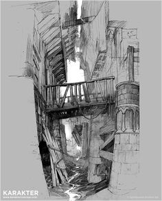 a black and white drawing of an alleyway with water coming out of the basements