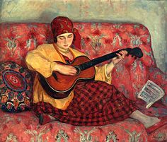 a painting of a woman sitting on a couch playing a guitar