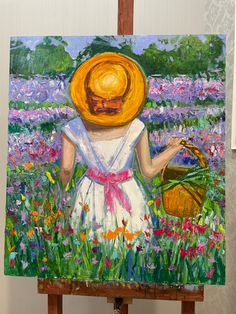 a painting of a woman with a straw hat in a flower field holding a basket