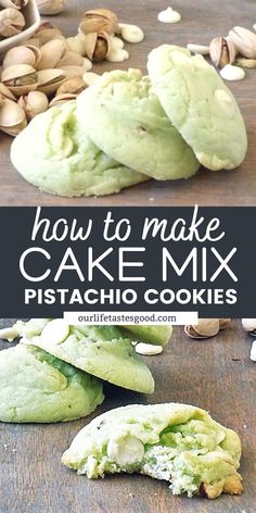 pistachio cookies with almonds on the side and text overlay how to make cake mix