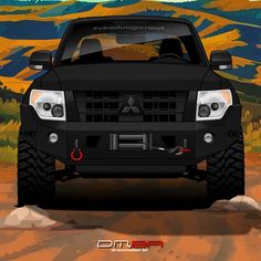 the front end of a black truck on a dirt road with mountains in the background