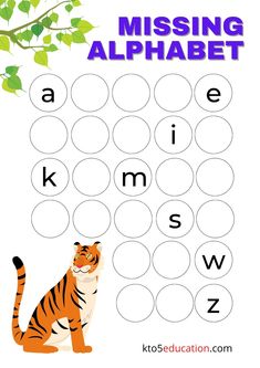 the missing alphabet worksheet with a tiger in front of it and leaves above