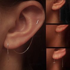 three different views of a woman's ear with piercings on the side and behind her ear