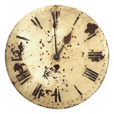 an old clock with rusted roman numerals is shown on a white background