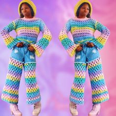 the woman is wearing colorful knitted clothing and posing with her hands on her hips