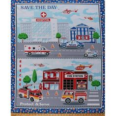 the fire station and ambulances are depicted on this wall hanging