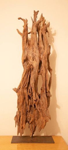 a piece of driftwood sitting on top of a wooden table next to a wall