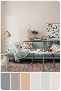 a living room filled with furniture and lots of color swatches in shades of pink, grey