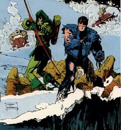 a comic book cover with an image of two men on skis