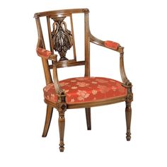 an ornate wooden chair with red upholstered seat and arm rests against a white background