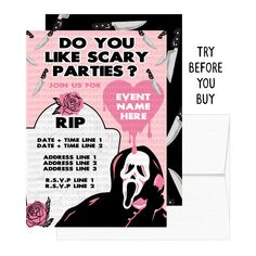 a pink and black party card with the text do you like scary parties? event name here