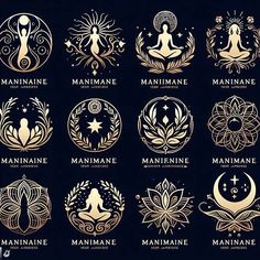 the twelve signs of the zodiac in gold and white on a black background, each with their own image