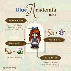 the blue acadenia character is depicted in this video game info sheet, which includes information about how to use it