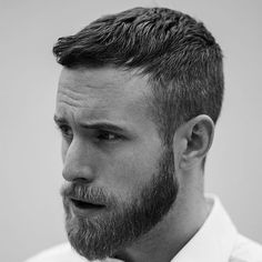 Short Crew Cut Classic Tapered Sides Short Beard Round Face Men, Popular Haircuts