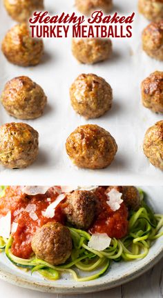 healthy baked turkey meatballs and zucchini noodles on a plate with text overlay