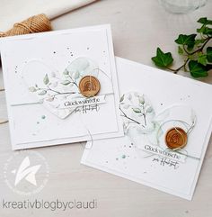 two cards with buttons and leaves on them