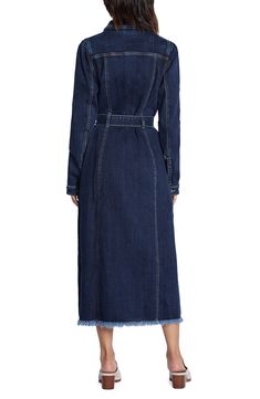 A dark wash and premium stretch denim bring an edgy touch to this long-sleeve shirtdress. Spread collar Long sleeves with button cuffs Shady Black is 66% cotton, 23% polyester, 10% rayon, 1% spandex; Blue is 96% cotton, 3% polyester, 1% spandex Machine wash, tumble dry Imported Denim Shirt Dress, Denim Design, Sea Blue, Shirtdress, Blue Sea, Denim Wash, Stretch Denim, Lab, Shirt Dress