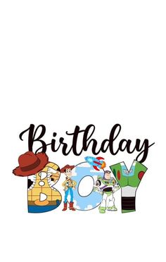 the word birthday written in black and white with cartoon characters