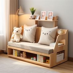 a child's daybed with pillows and stuffed animals