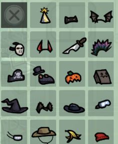 a bunch of different types of items on a green background, including hats and other things