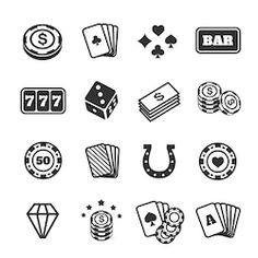 black and white casino related icons on a white background, including cards, dices, rouleets, chips, playing cards