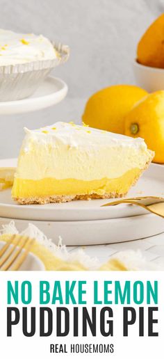 no bake lemon pudding pie on a white plate