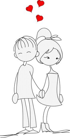 a drawing of two people holding hands with hearts floating above the couple's head