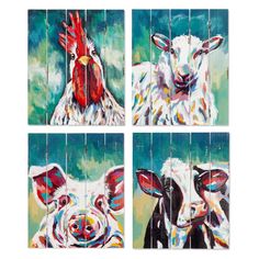 four paintings of cows and roosters are hanging on the wall