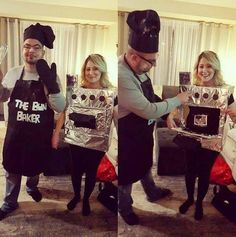 three people dressed in costumes holding pans with the words the real baker on them