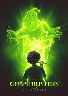 the poster for ghostbusters after life is shown in green and black with an image of