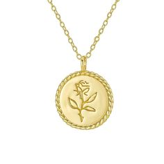 Adorn yourself with timeless beauty through our Rose Coin Pendant Necklace, featuring an intricately detailed rose emblem etched onto a classic coin pendant. Suspended from a delicate chain, this necklace effortlessly blends vintage charm with modern elegance. Perfect for adding a touch of romance and sophistication to any ensemble, it’s a versatile piece that celebrates the enduring allure of the rose. Made with 100% recycled Sterling Silver base with a thick layer of high quality 14k gold plat Elegant Medallion Charm Necklace With Vintage Charm, Elegant Coin Necklace With Delicate Chain, Vintage Sterling Silver Rose Gold Necklace, Vintage Rose Gold Sterling Silver Necklace, Elegant Rose Gold Charm Necklace With Coin Pendant, Elegant Medallion Coin Necklace With Vintage Charm, Rose Gold Dainty Necklace With Coin Pendant, Gold Necklace With Round Rose Pendant, Elegant Medallion Necklace With Flower Charm