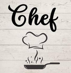 the word chef is written in black on a white background with a frying pan