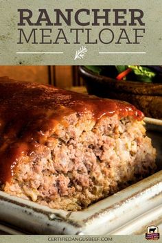 a meatloaf with sauce on top is shown in the middle of this recipe