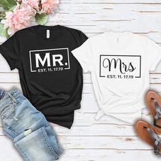 two t - shirts with the words mr and mrs on them next to some shoes