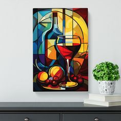 a painting on the wall with a glass of wine and fruit