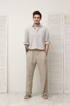 Mens pants long distance relationship gift for boyfriend - 100% European flax - pre-washed/pre-shrunk - medium weight linen - soft and comfortable - great texture and lovely wrinkles Linen Pants Outfit For Men, Lenin Pants Outfit Men, Beige Linen Pants Outfit Men, Linen Women Outfits, Men’s Linen Pants, Beige Linen Pants Outfit, Boyfriend Clothes, Men Linen Pants