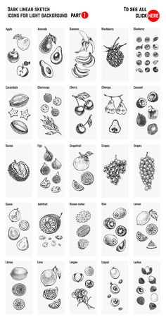 the different types of fruits and vegetables are shown in black and white, with red lettering