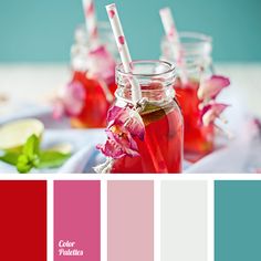 the color scheme is red, pink, and green with white straws in mason jars