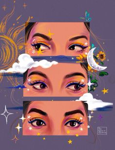 an image of two woman's eyes with clouds and stars